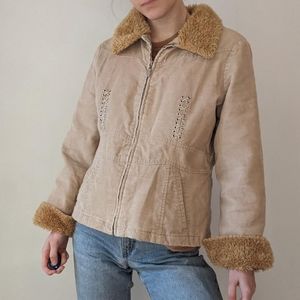 Vintage y2k Corduroy Faux Fur Trim Jacket with Lace-Up Detail